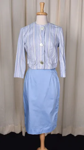 1950s Blue Striped Jacket Skirt Suit Set