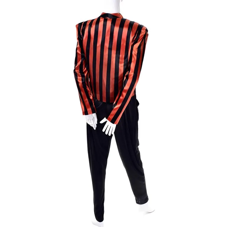 1970's Black Jumpsuit w/ Orange & Black Striped Jacket & Cummerbund