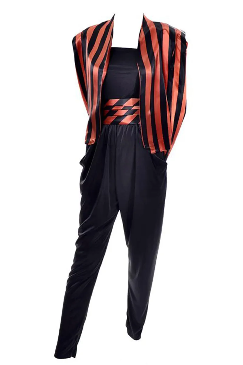 1970's Black Jumpsuit w/ Orange & Black Striped Jacket & Cummerbund