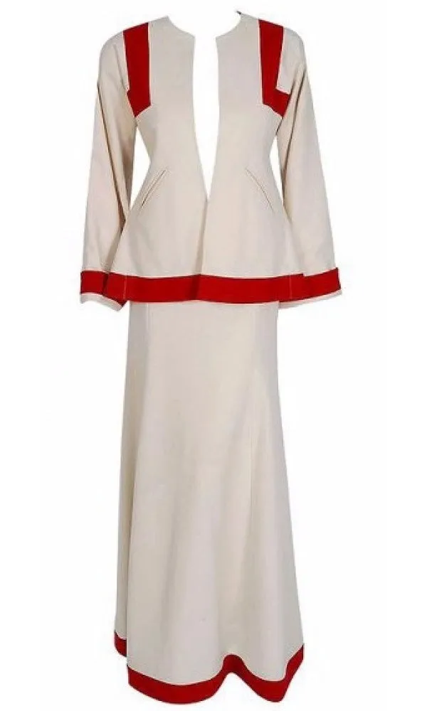 1973 Ossie Clark Ivory Red Block-Color Wool Jacket & Maxi Skirt Dress Ensemble