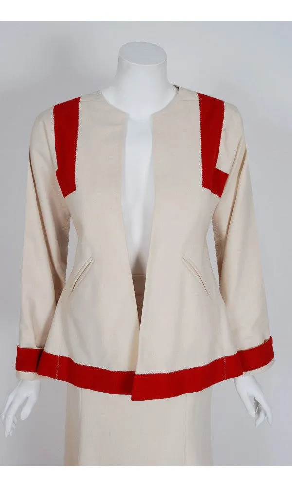 1973 Ossie Clark Ivory Red Block-Color Wool Jacket & Maxi Skirt Dress Ensemble