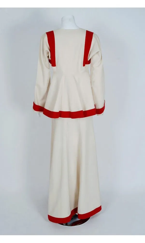 1973 Ossie Clark Ivory Red Block-Color Wool Jacket & Maxi Skirt Dress Ensemble