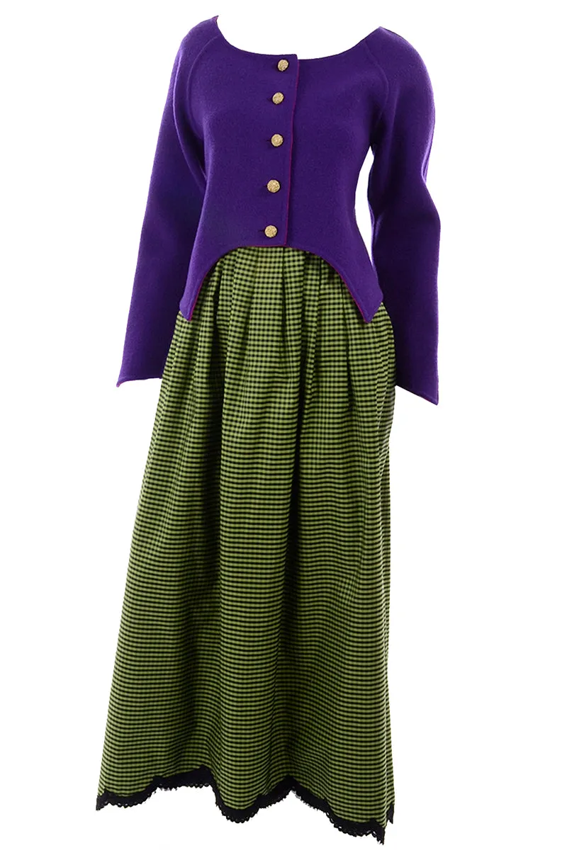 1980s Geoffrey Beene Green Check Taffeta and Black Wool Dress w Purple Jacket