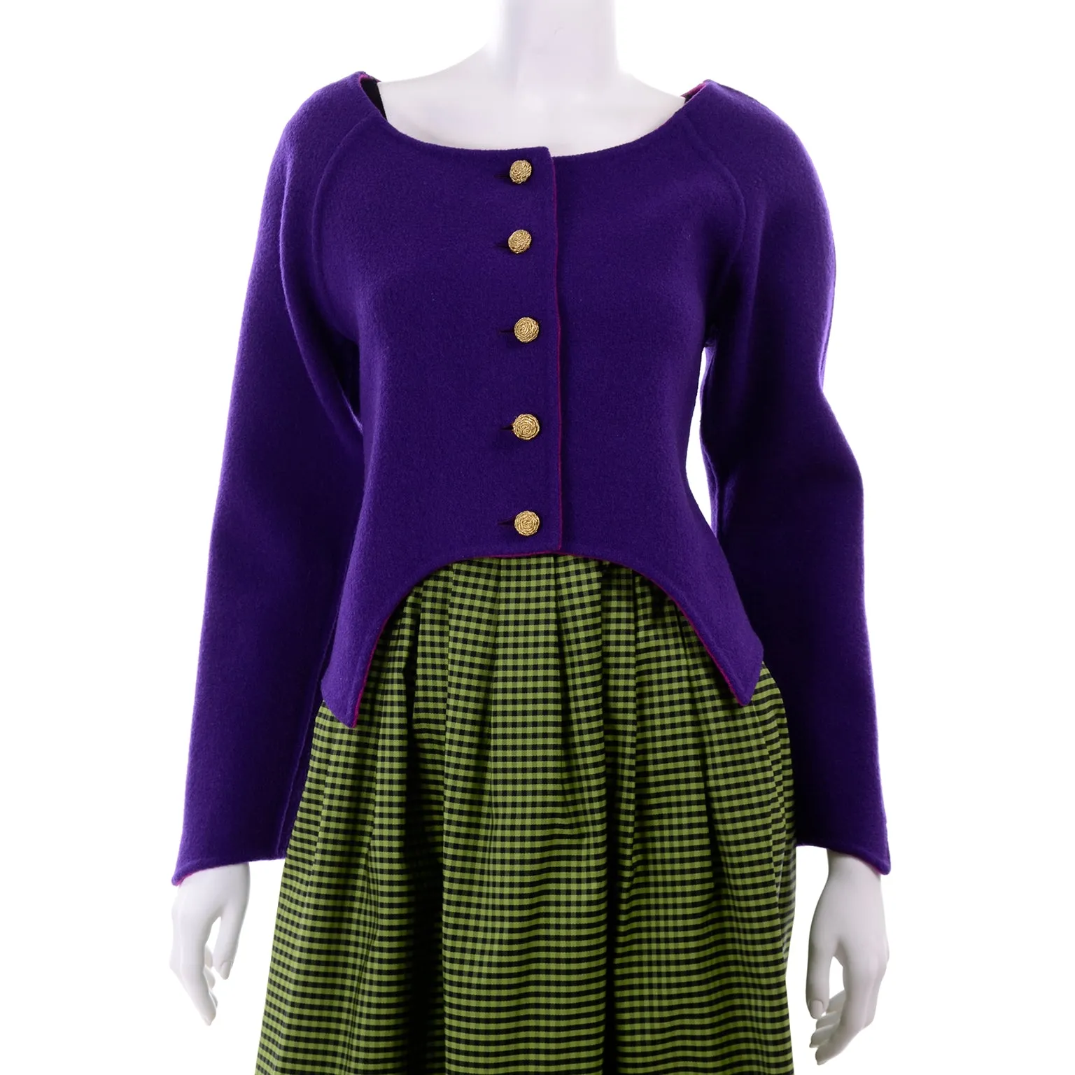 1980s Geoffrey Beene Green Check Taffeta and Black Wool Dress w Purple Jacket