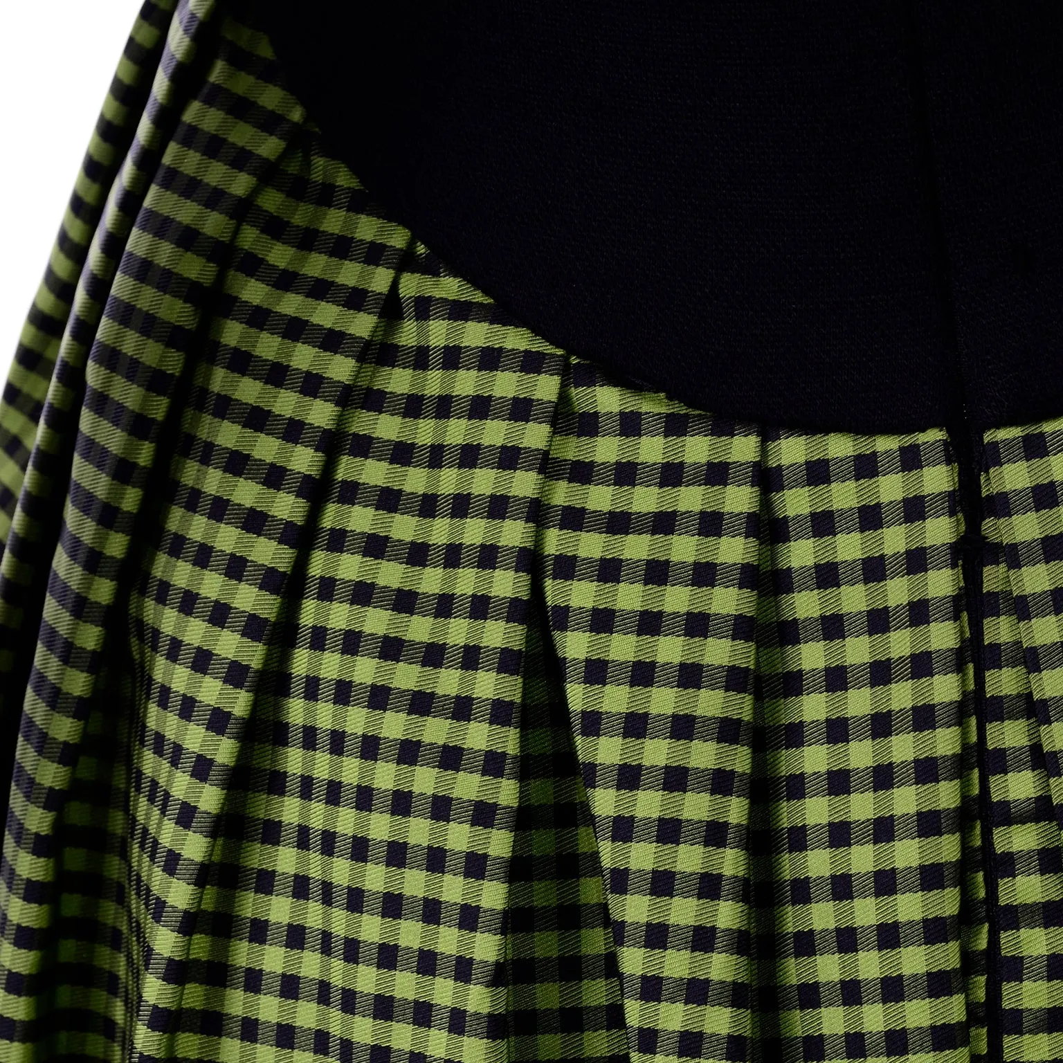 1980s Geoffrey Beene Green Check Taffeta and Black Wool Dress w Purple Jacket