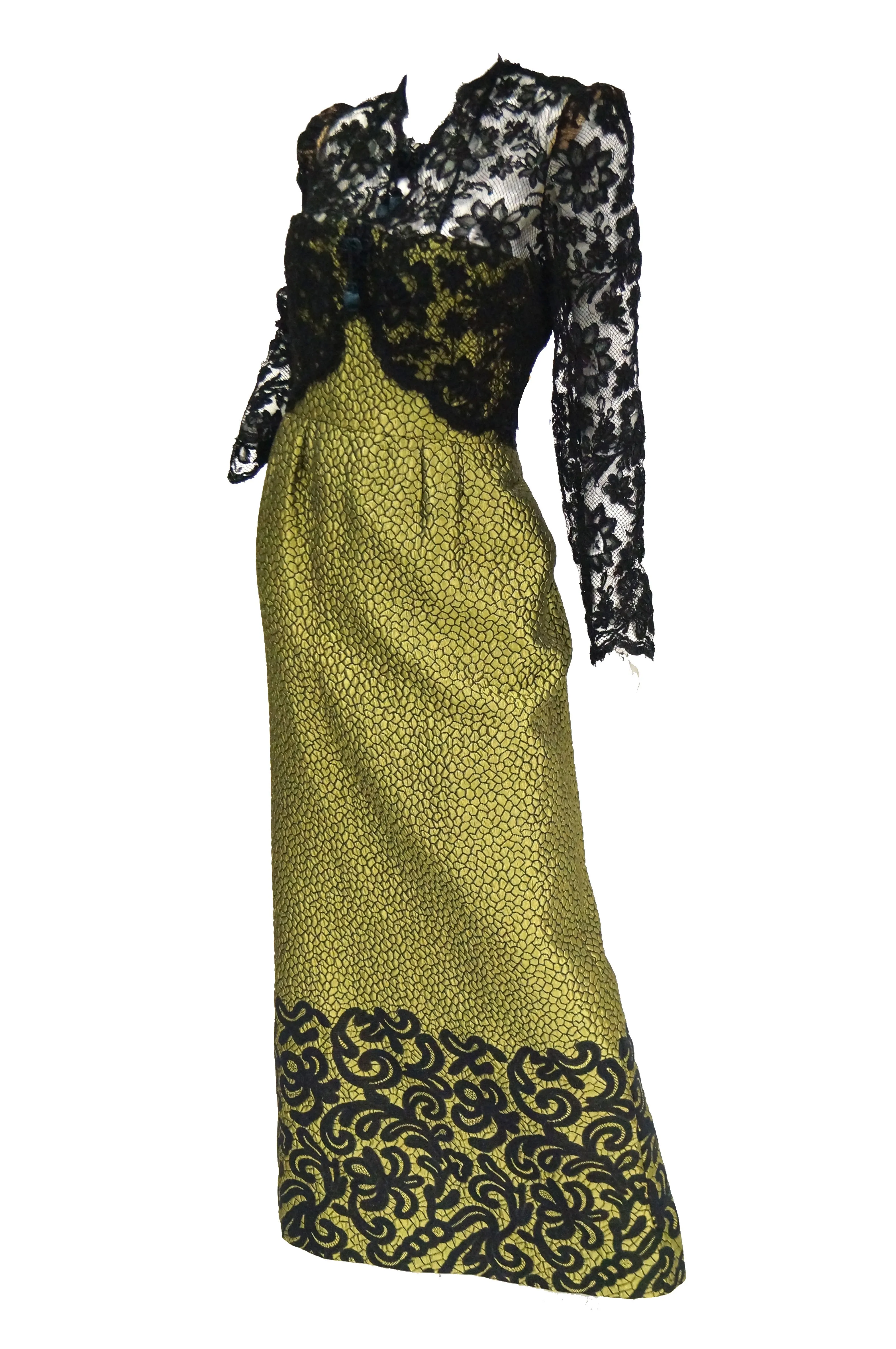 1980s Gorgeous Oscar de La Renta Gold Green “Dragon Scale” Brocade Dress