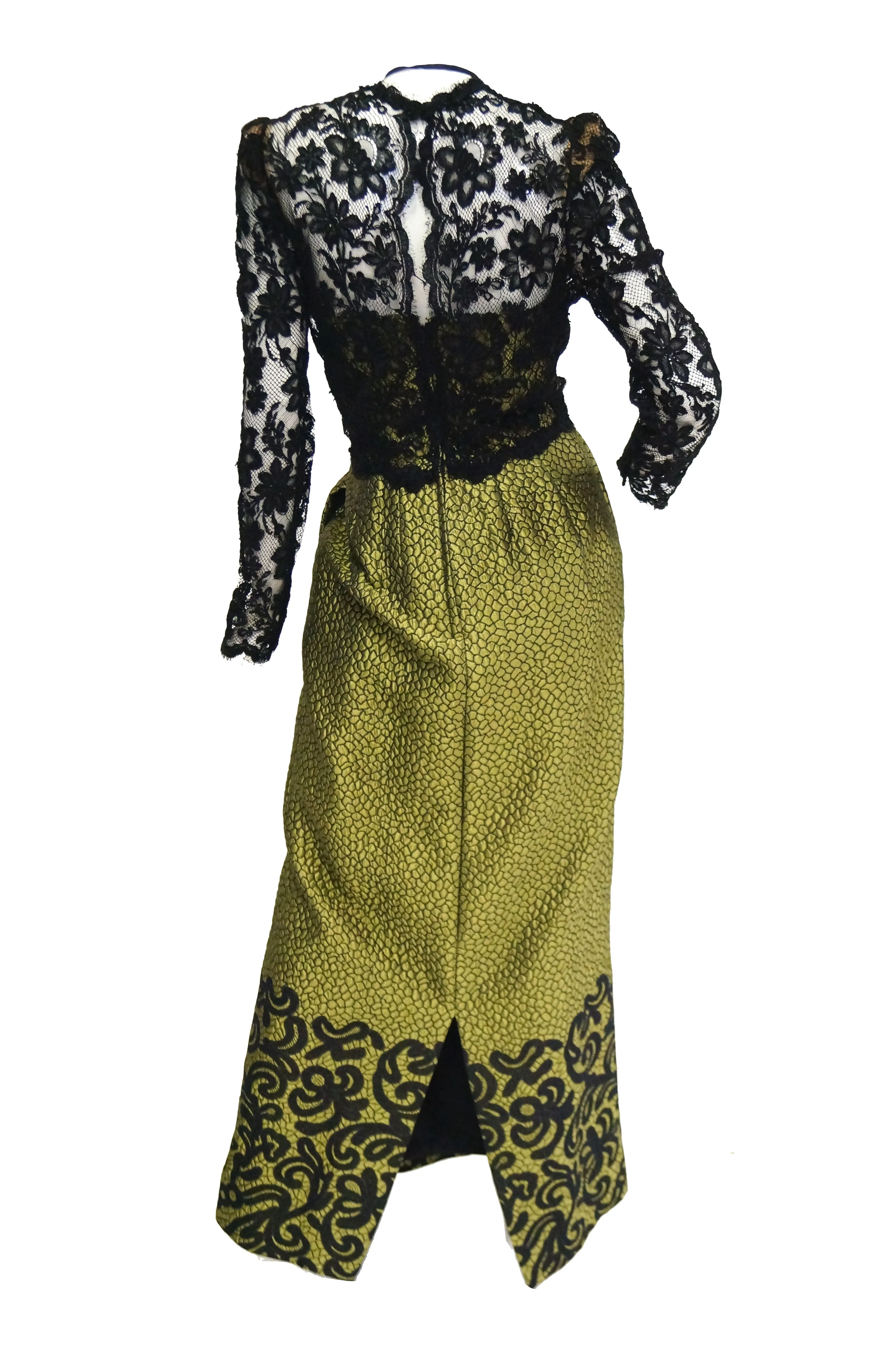 1980s Gorgeous Oscar de La Renta Gold Green “Dragon Scale” Brocade Dress