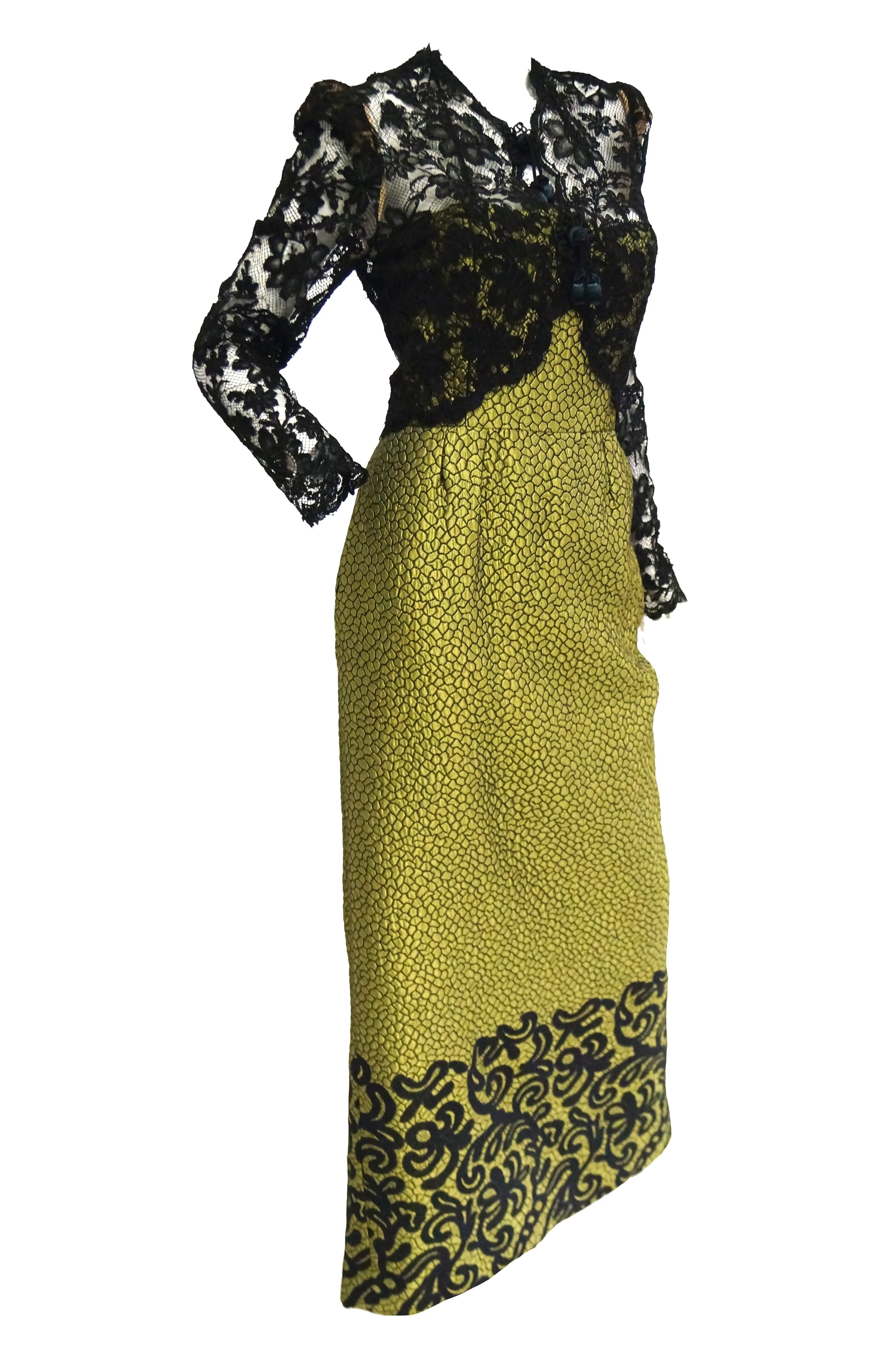 1980s Gorgeous Oscar de La Renta Gold Green “Dragon Scale” Brocade Dress