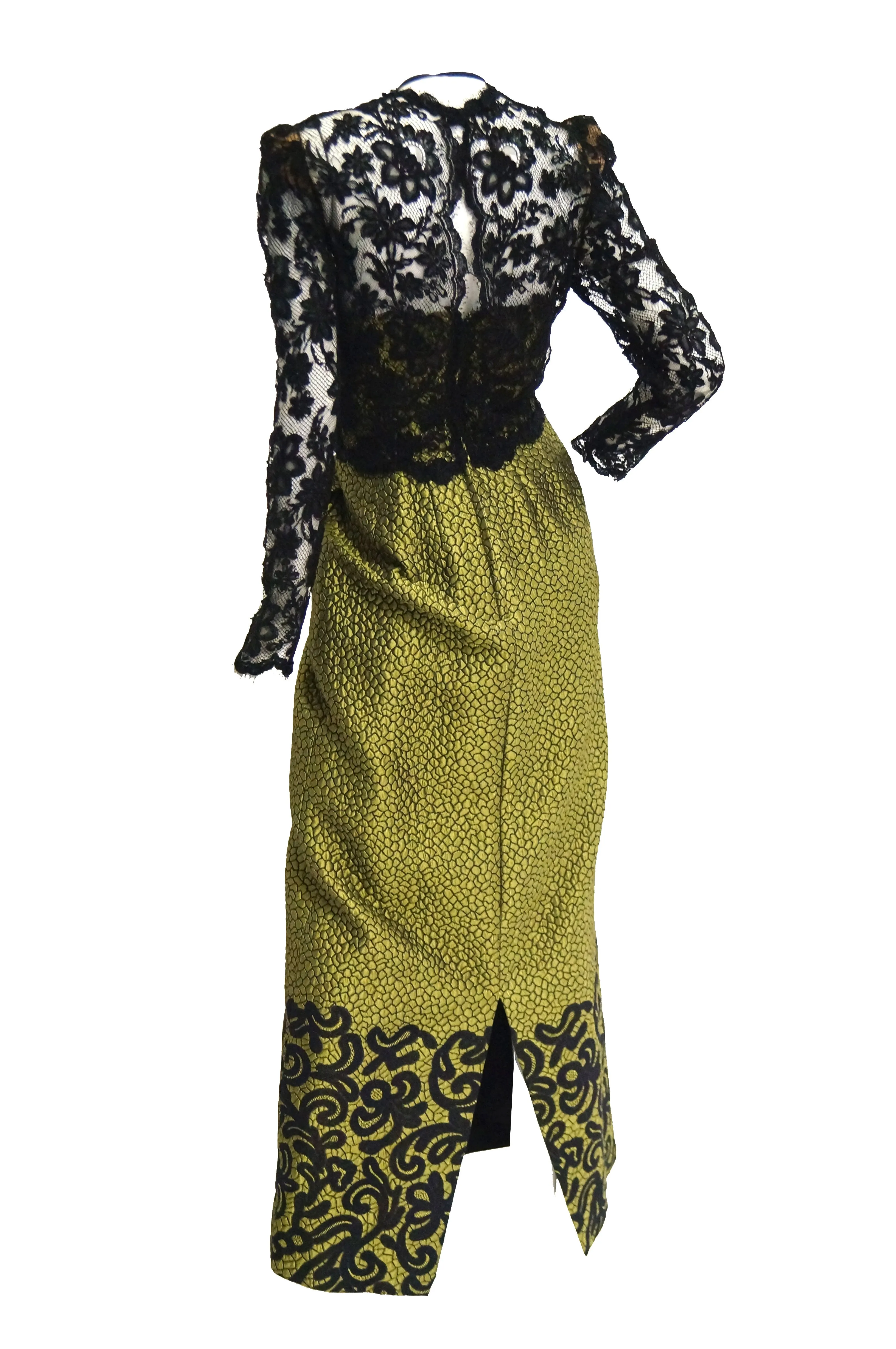 1980s Gorgeous Oscar de La Renta Gold Green “Dragon Scale” Brocade Dress