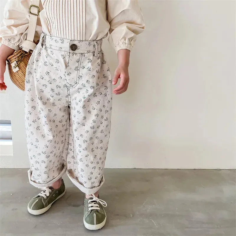 2024 Spring Kids Pants Floral cotton striaght trousers Girls loose all-match casual pants