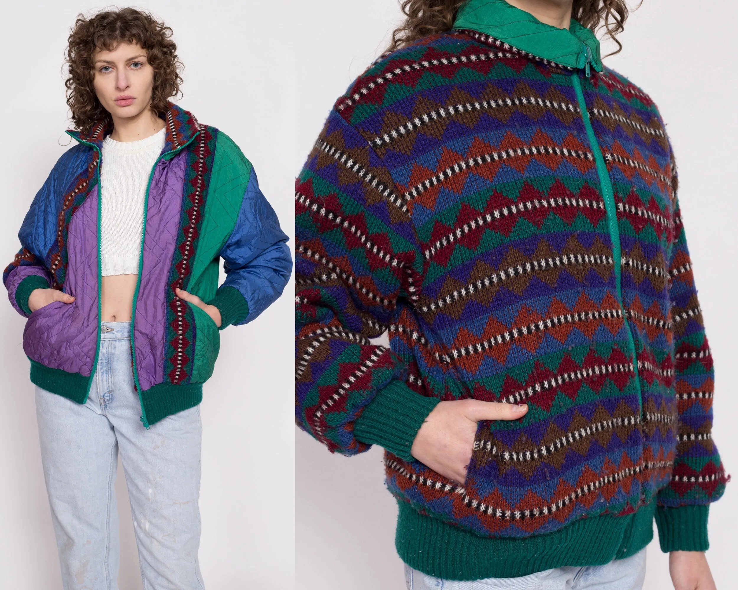 80s Color Block & Geometric Knit Reversible Jacket - Large