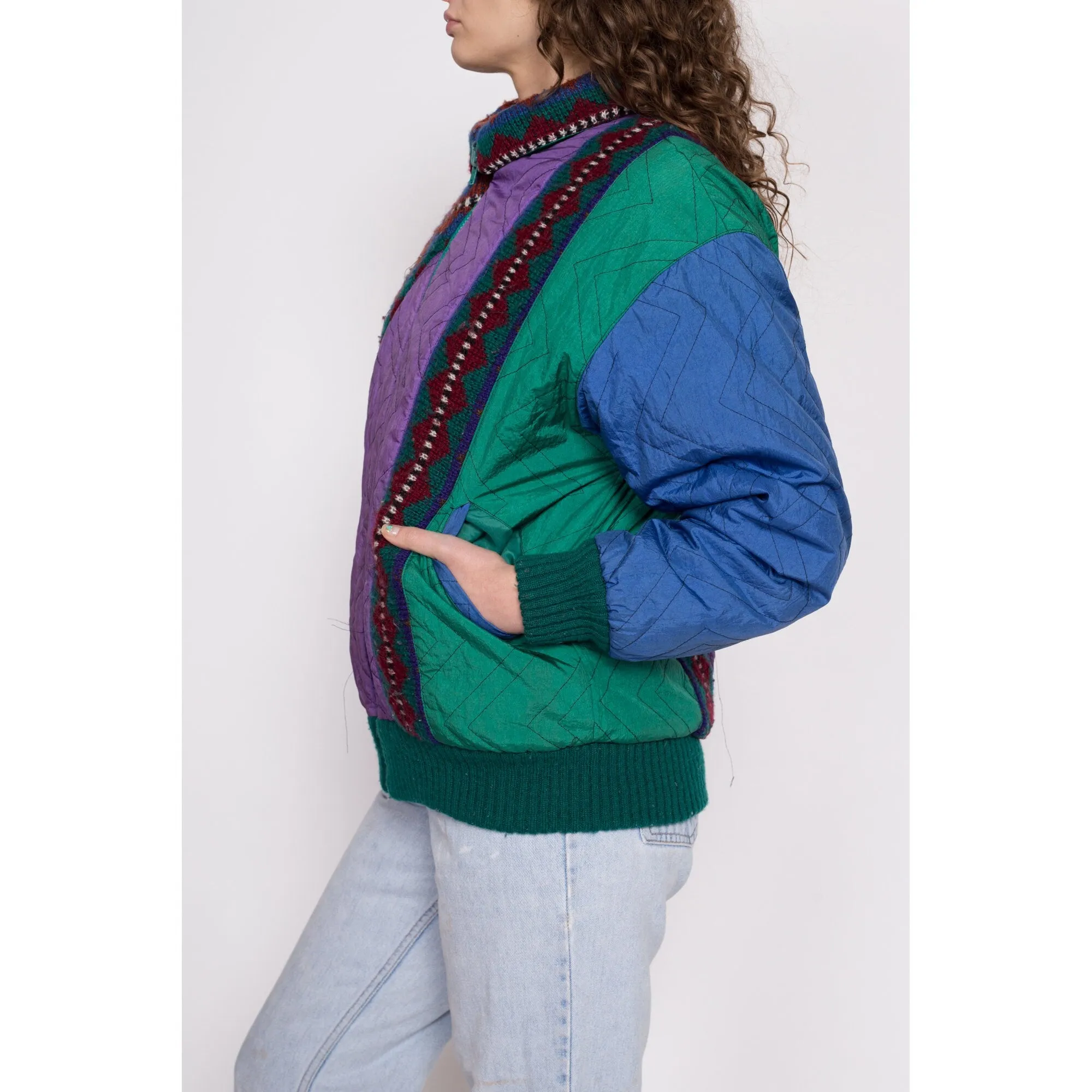 80s Color Block & Geometric Knit Reversible Jacket - Large