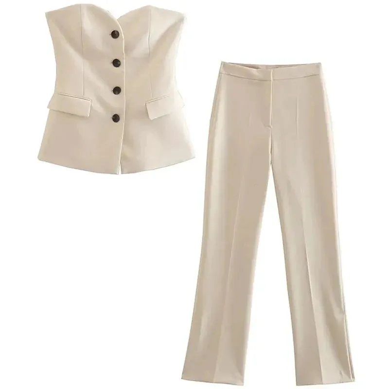 A&A Button Down Suit Top & Side Slit Trouser Two Piece Set