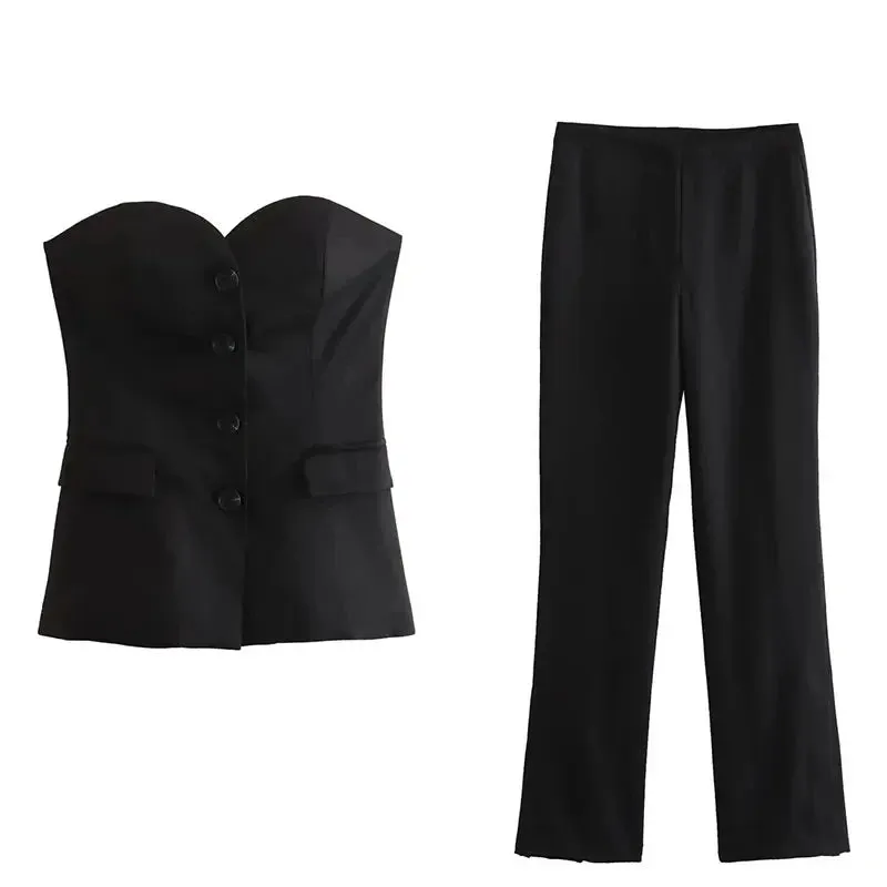 A&A Button Down Suit Top & Side Slit Trouser Two Piece Set