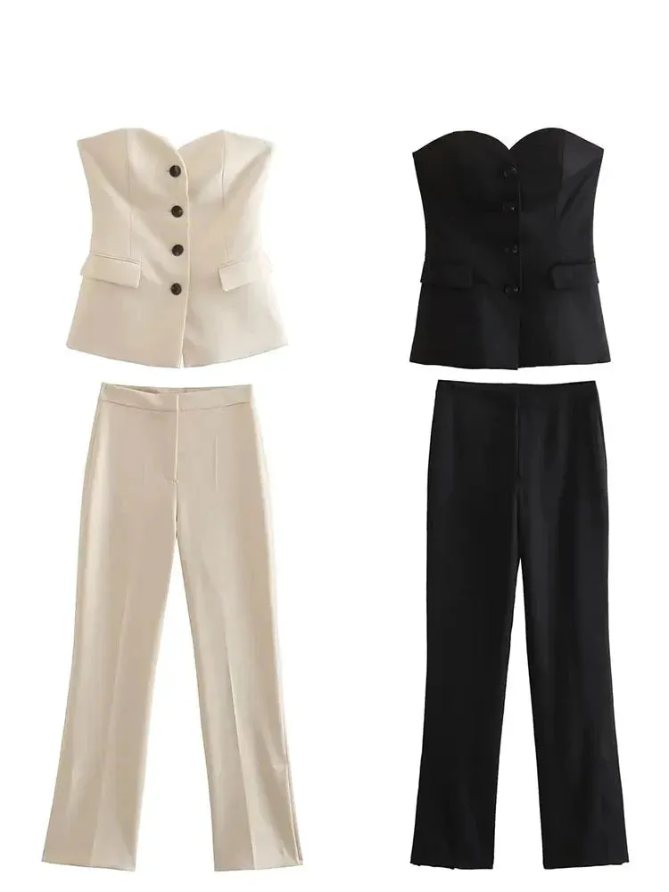 A&A Button Down Suit Top & Side Slit Trouser Two Piece Set