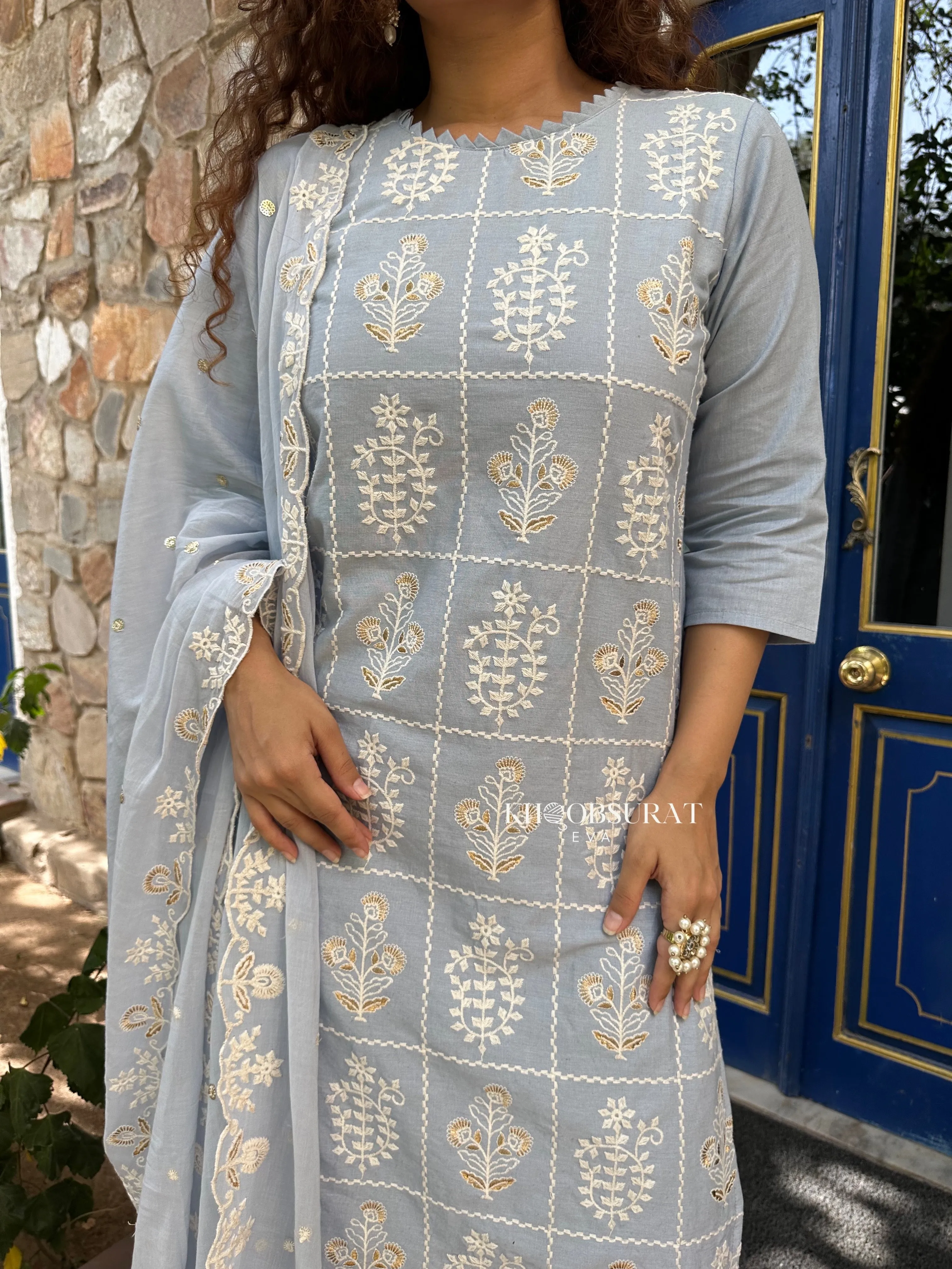 AESTHETIC BLUE EMBROIDERY KURTA SUIT SET