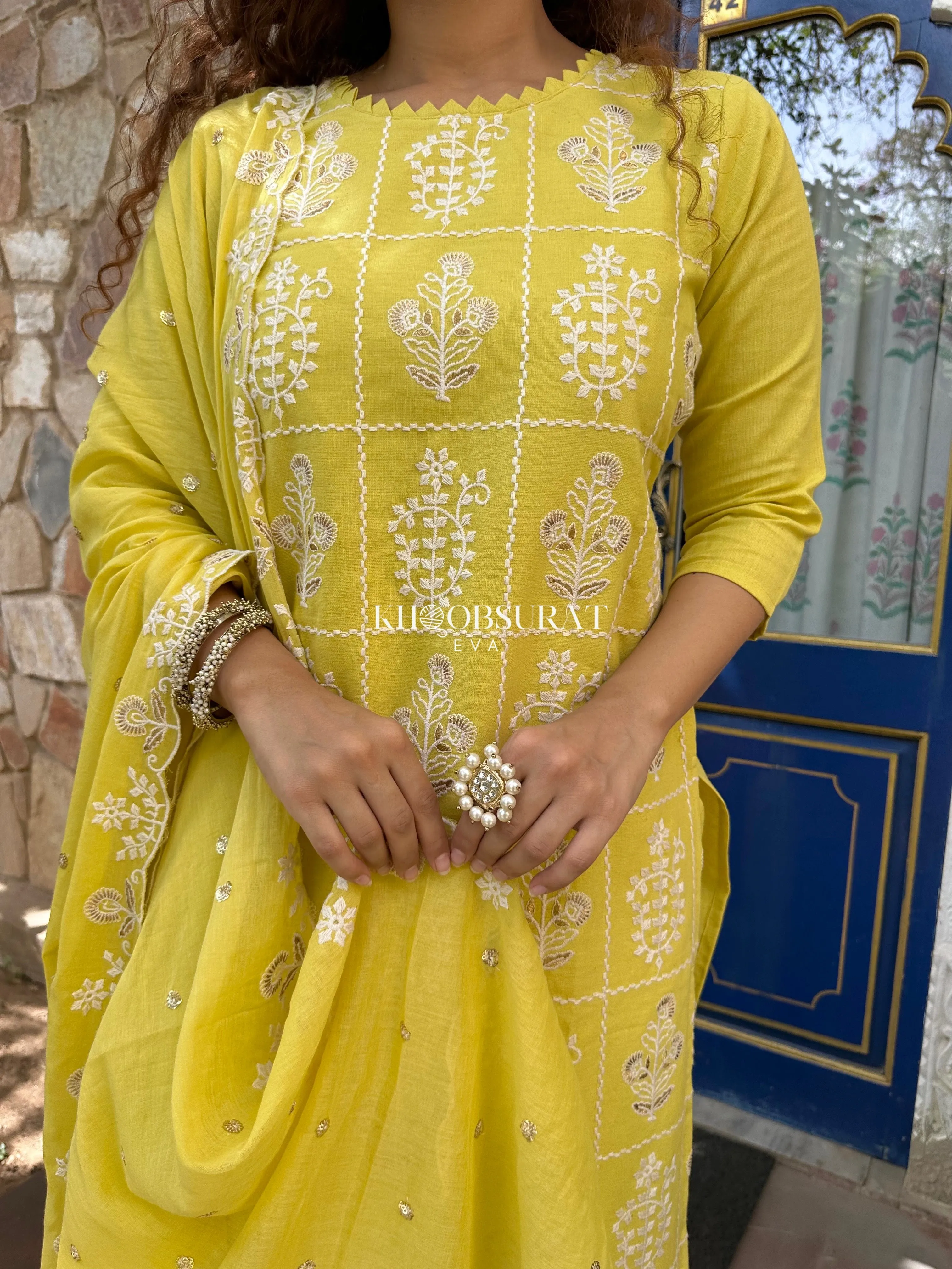 AESTHETIC YELLOW EMBROIDERY KURTA SUIT SET