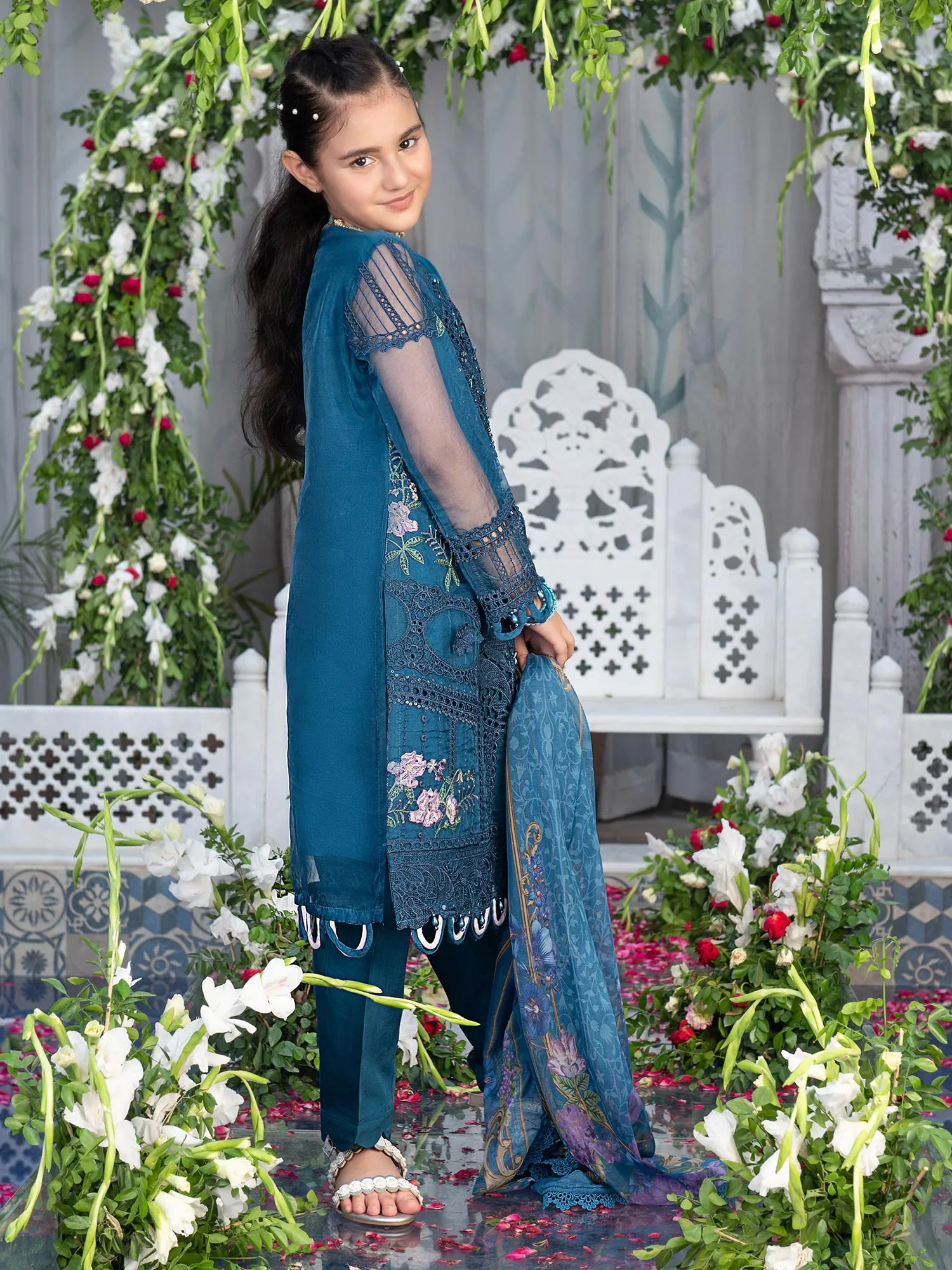 Ally's Kids Blue Embroidered Organza Suit (AL-4005)