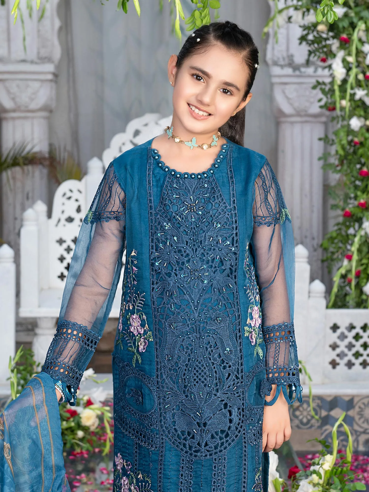 Ally's Kids Blue Embroidered Organza Suit (AL-4005)