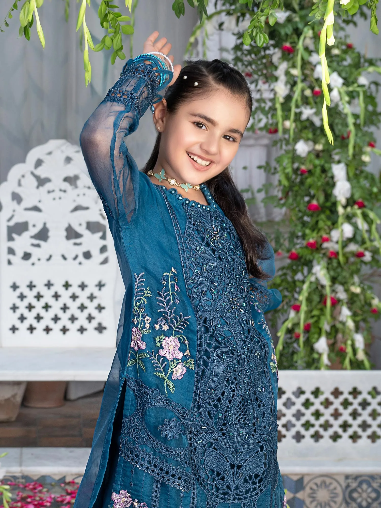 Ally's Kids Blue Embroidered Organza Suit (AL-4005)