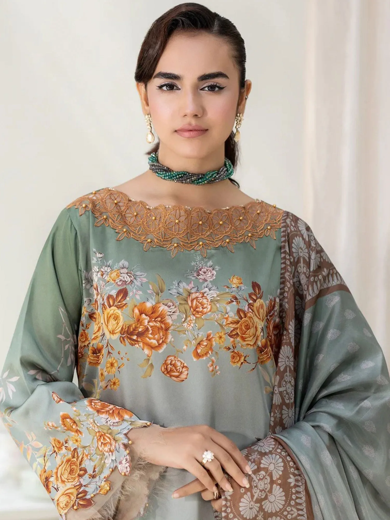 Ally's Sage Green Shamoz Silk Embroidered 3-Piece Suit (DGP-240)