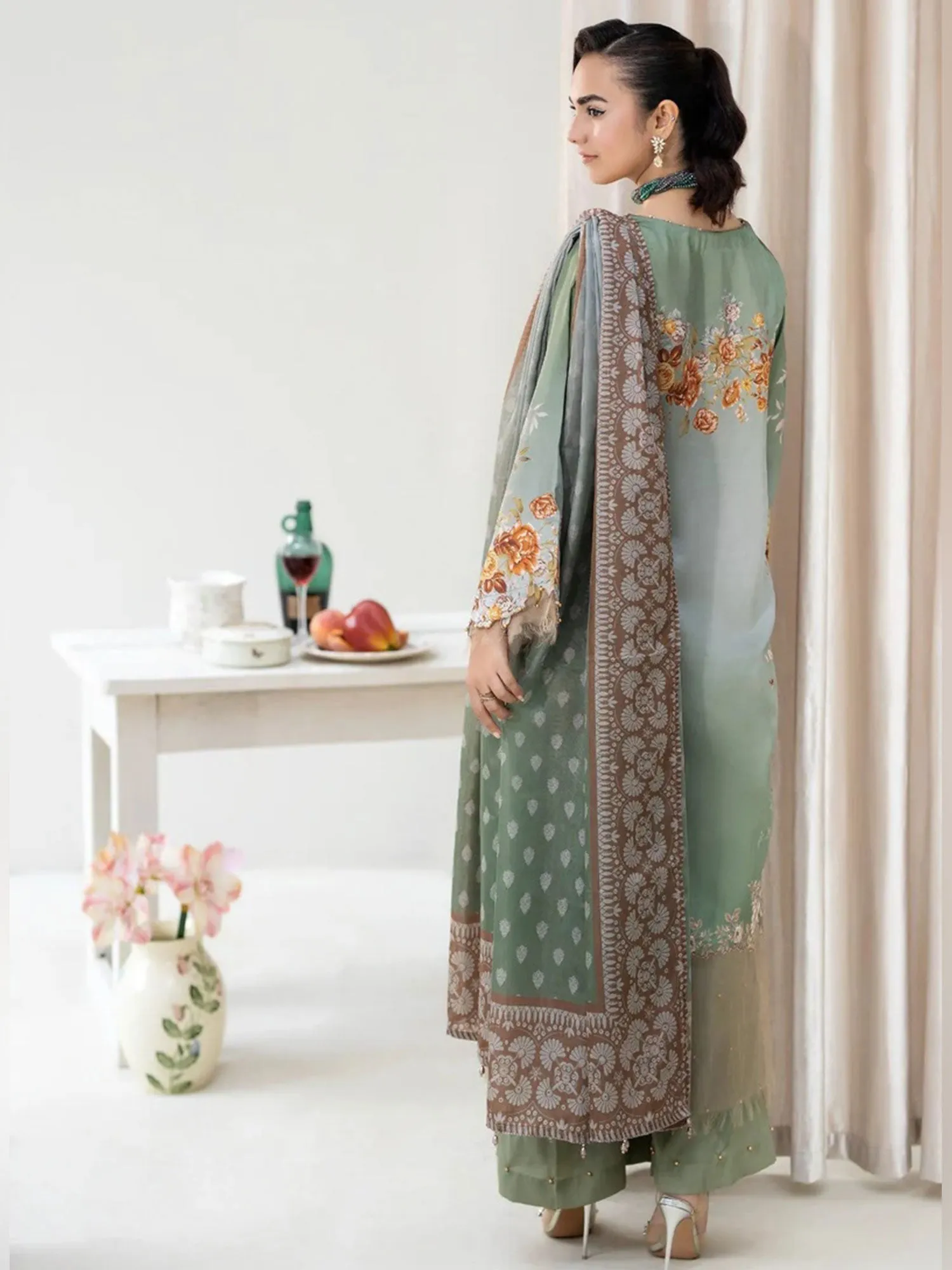 Ally's Sage Green Shamoz Silk Embroidered 3-Piece Suit (DGP-240)