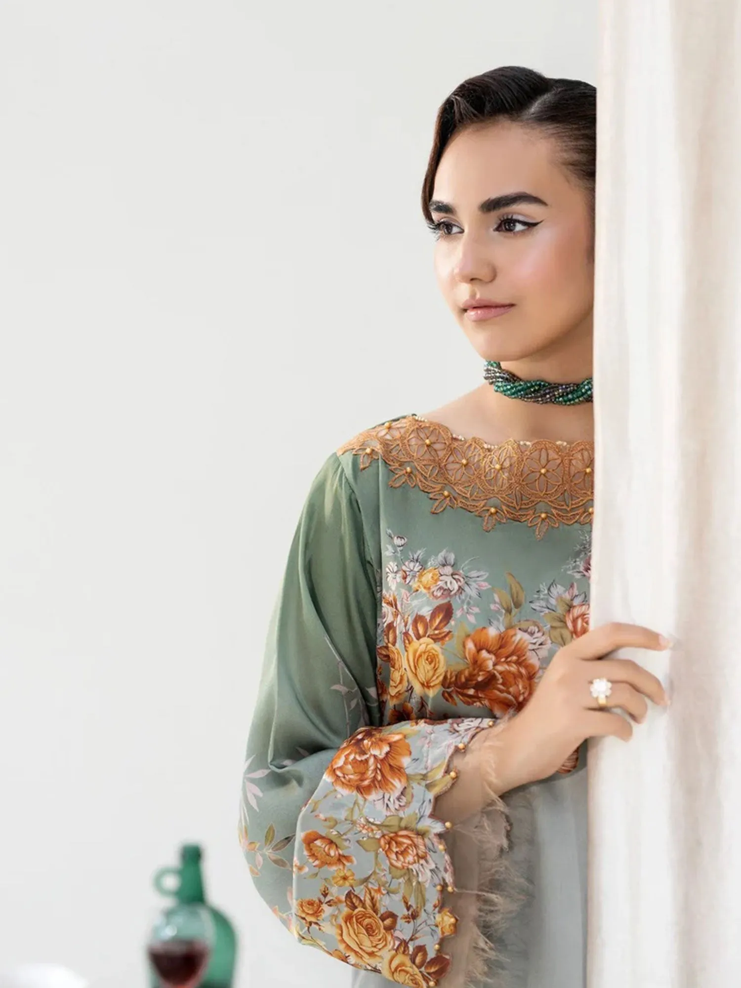 Ally's Sage Green Shamoz Silk Embroidered 3-Piece Suit (DGP-240)