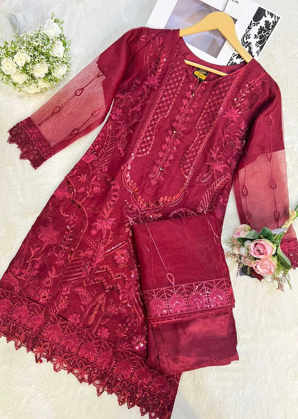 ALMS-58- Maroon Readymade Organza Suit