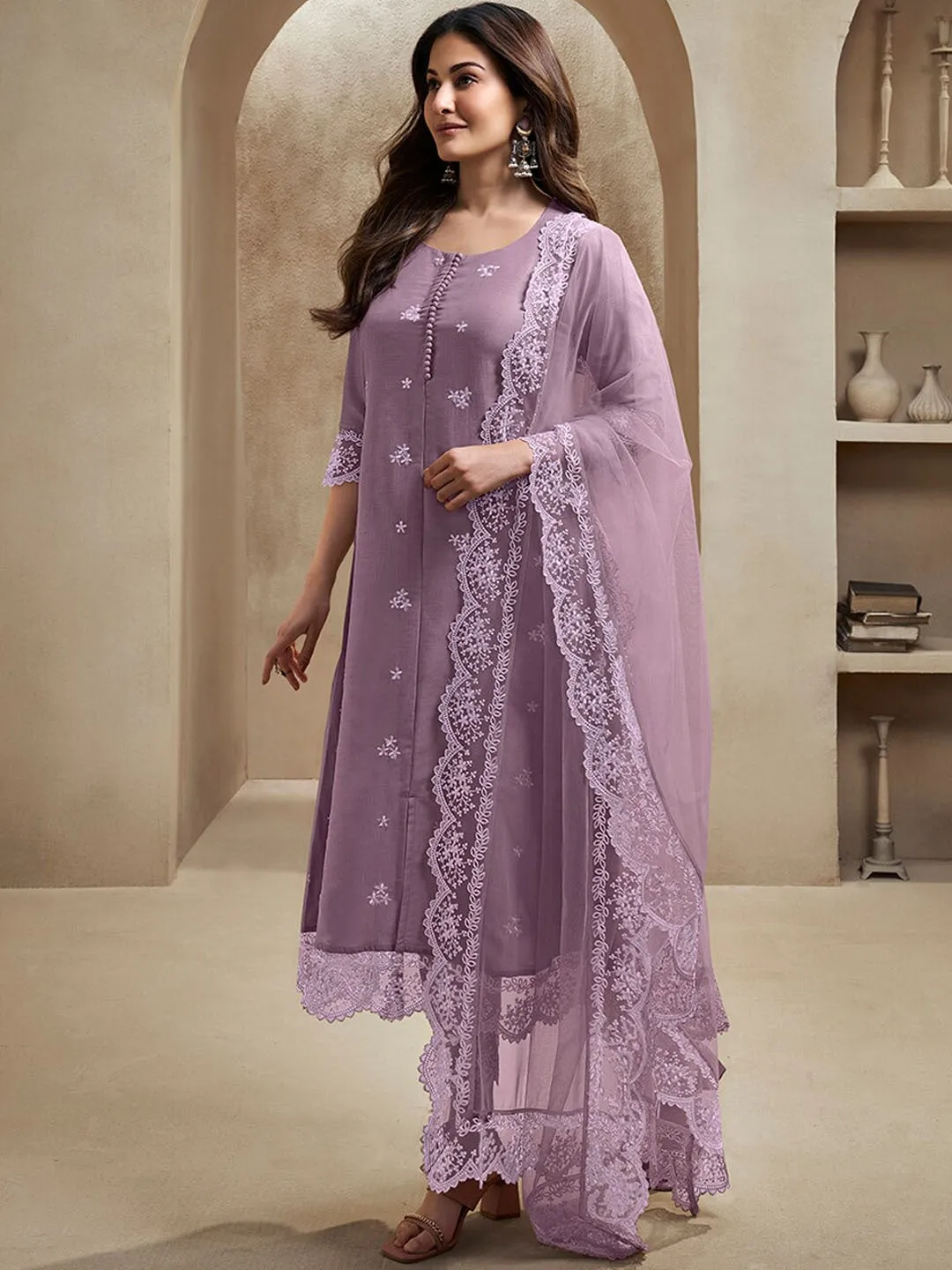 Amyra Dastur Lavender Floral Embroidered Regular Thread Work A-Line Kurta with Trousers & Dupatta