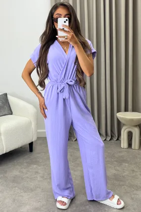 Anny Lilac Short Sleeve V Neck Plunge Belted Jumpsuit