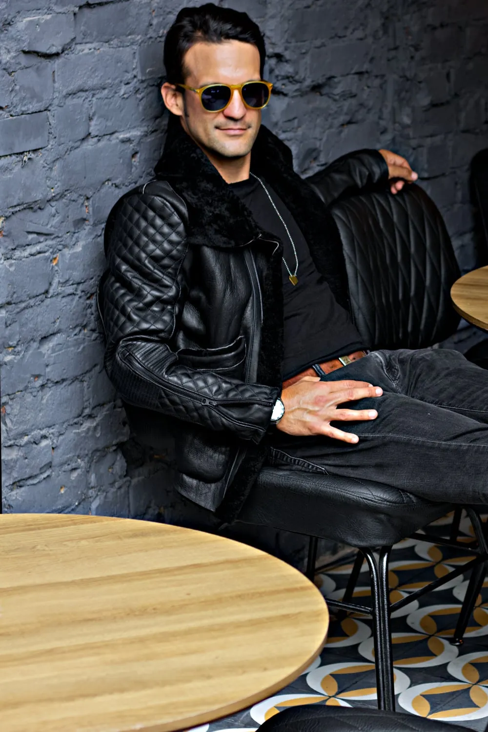 ASPEN Natural Shearling Winter Jacket in Black Sheepskin & Black Leather