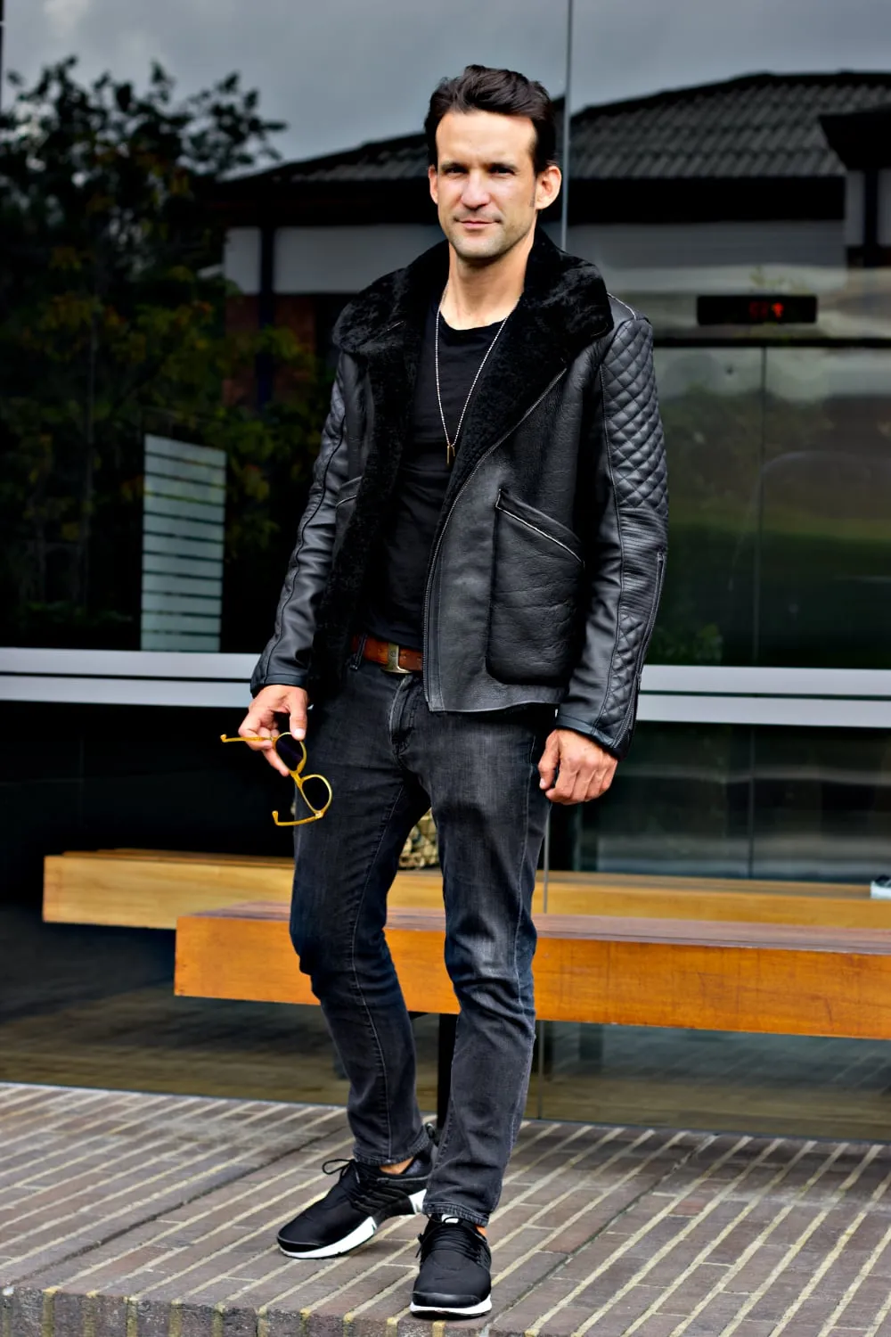 ASPEN Natural Shearling Winter Jacket in Black Sheepskin & Black Leather