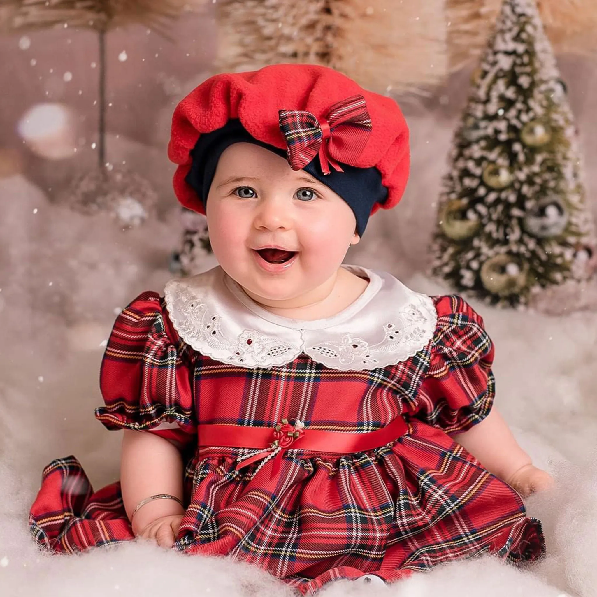 Baby Girls Red Tartan Dress, Jacket and Hat Outfit