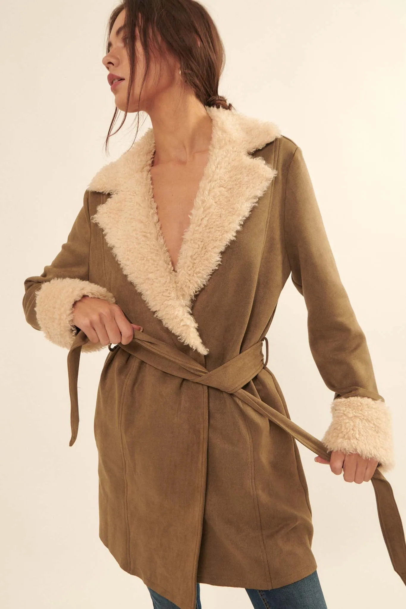 Backstage Pass Belted Faux Shearling Jacket