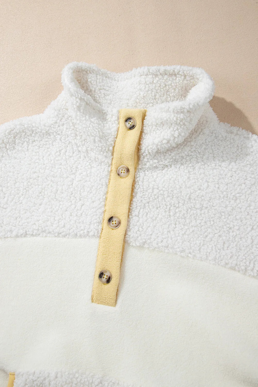 Beige Fleece Colorblock Trim Buttons Collar Sweatshirt with Pocket