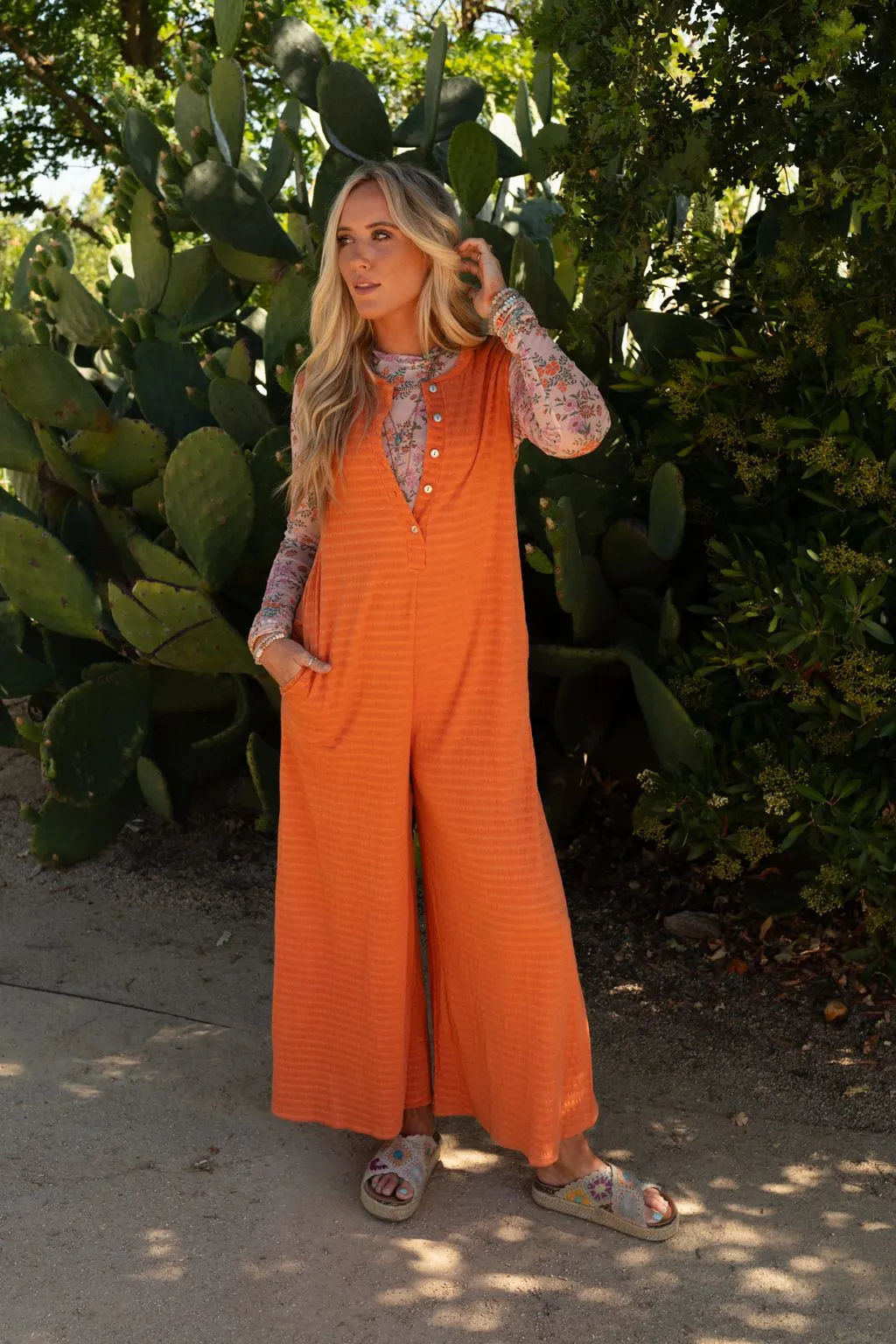 Bet On It Textured Wide Leg Jumpsuit - Apricot