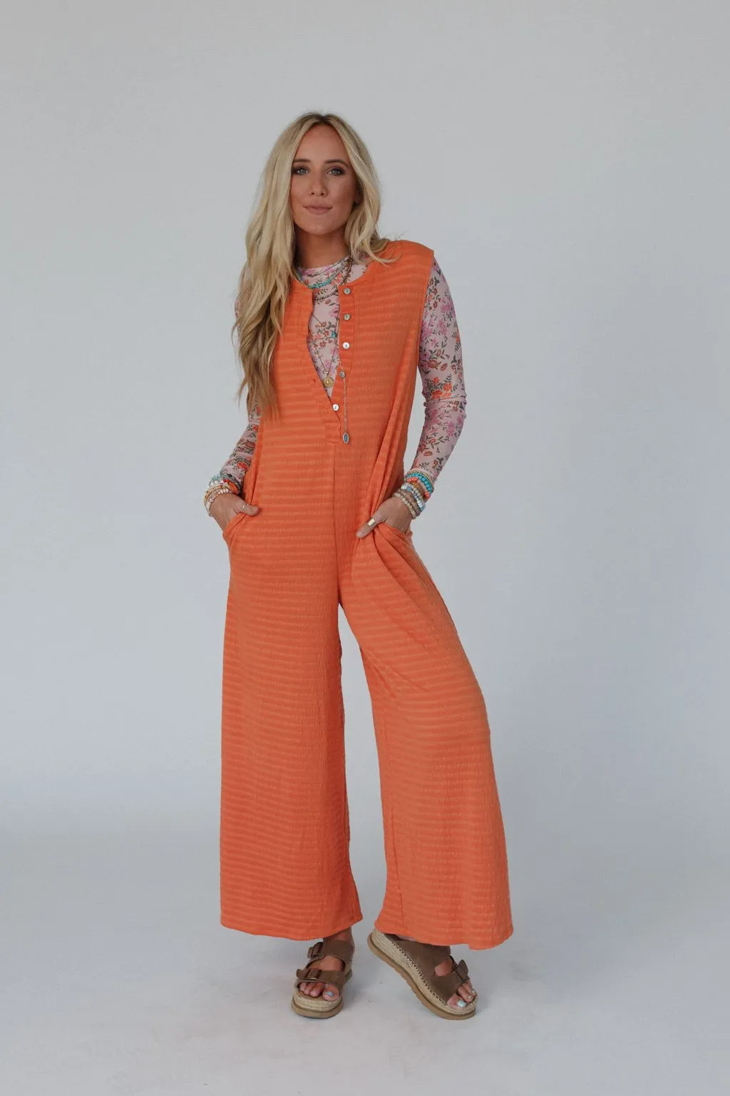 Bet On It Textured Wide Leg Jumpsuit - Apricot