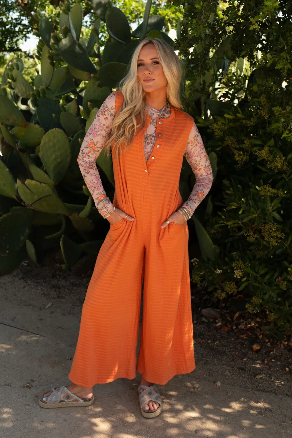 Bet On It Textured Wide Leg Jumpsuit - Apricot