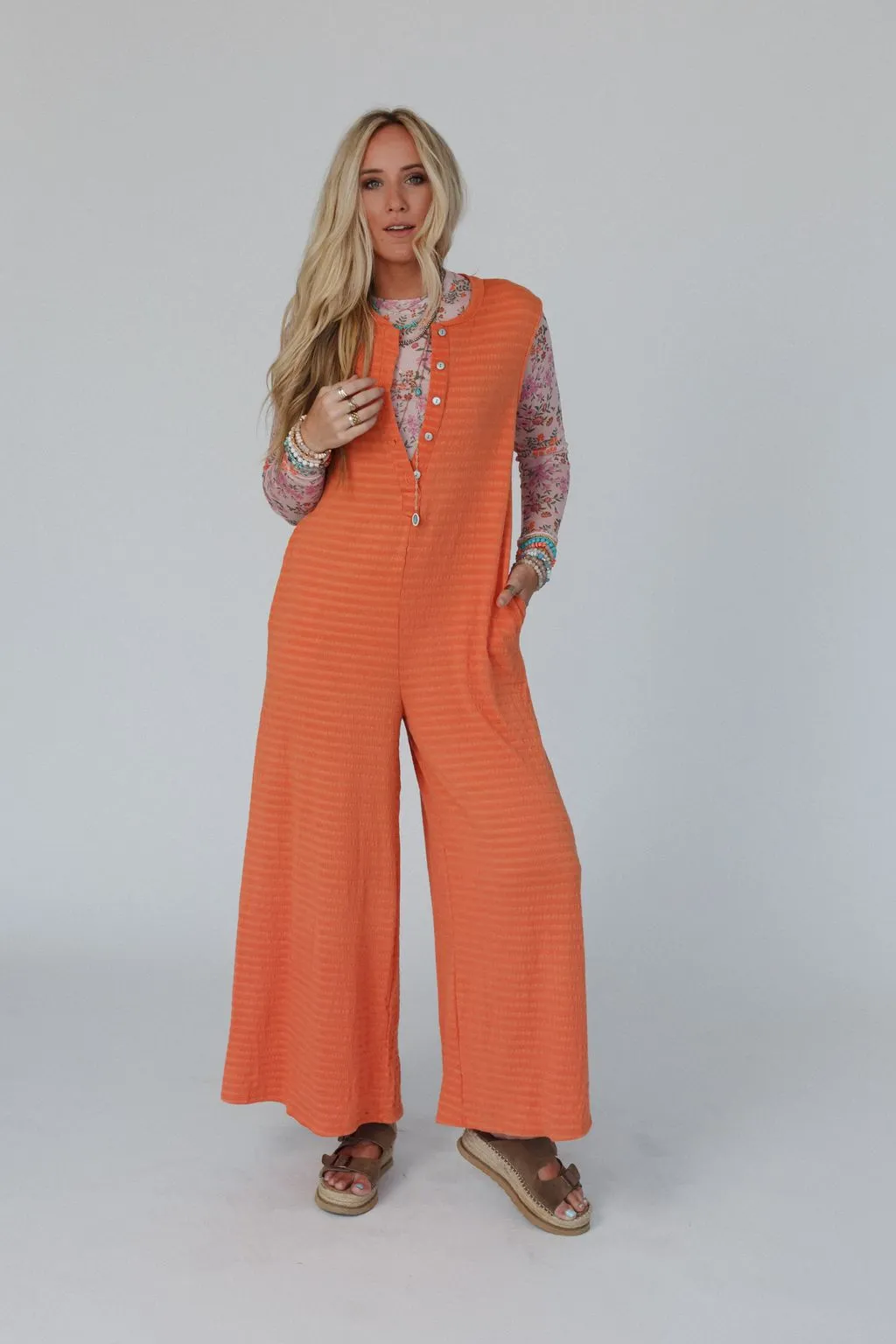 Bet On It Textured Wide Leg Jumpsuit - Apricot