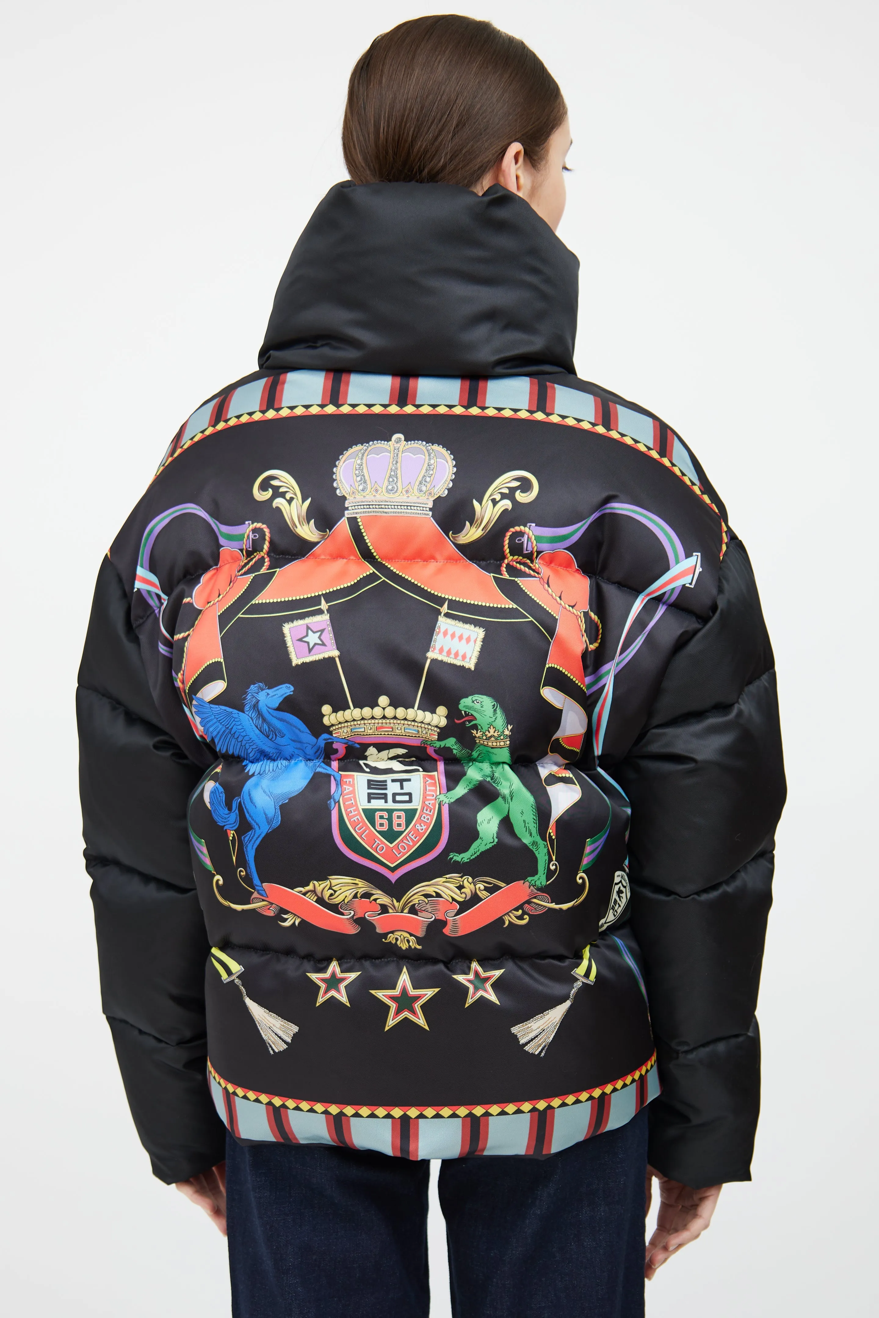 Black & Multi Down Graphic Puffer Jacket