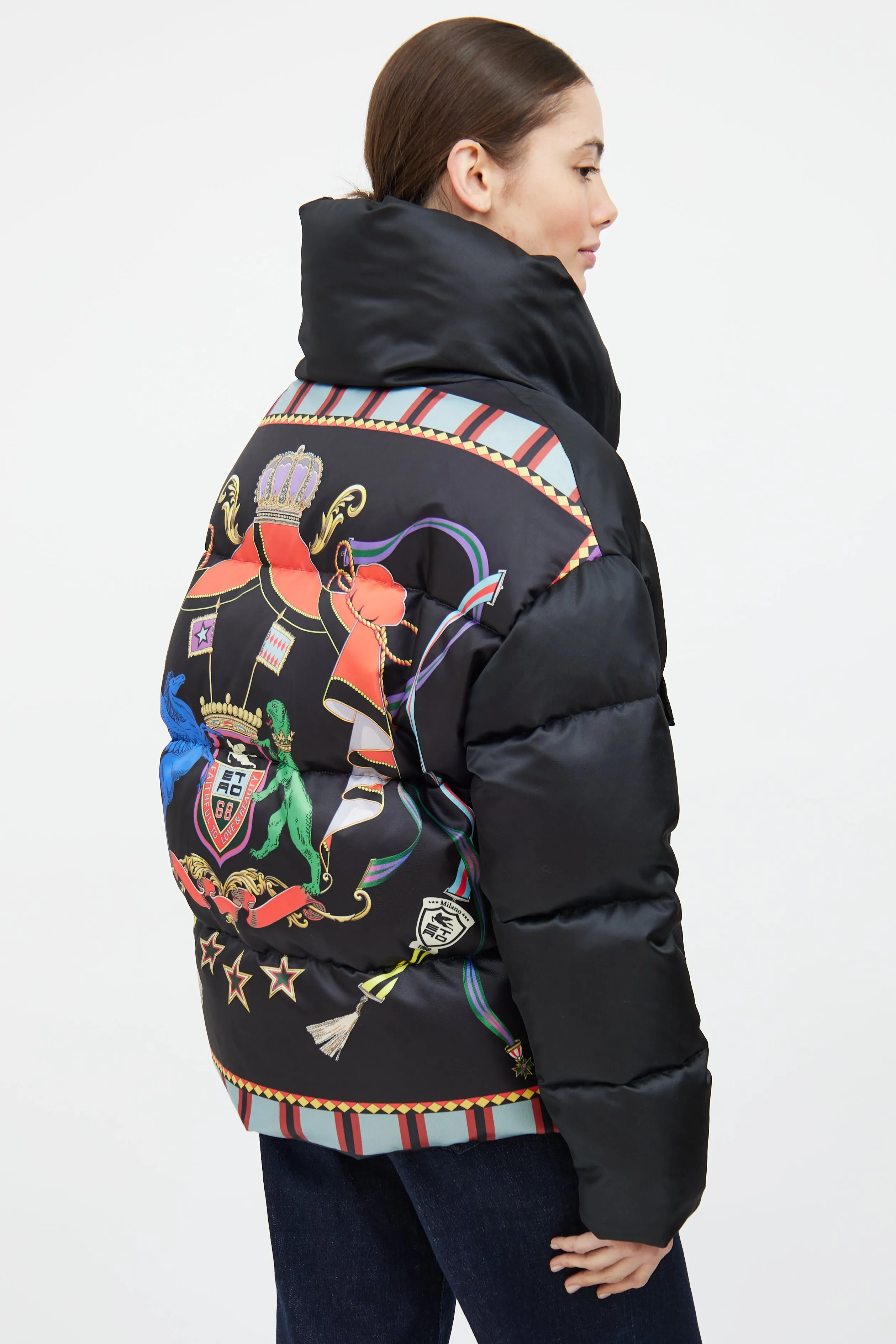 Black & Multi Down Graphic Puffer Jacket