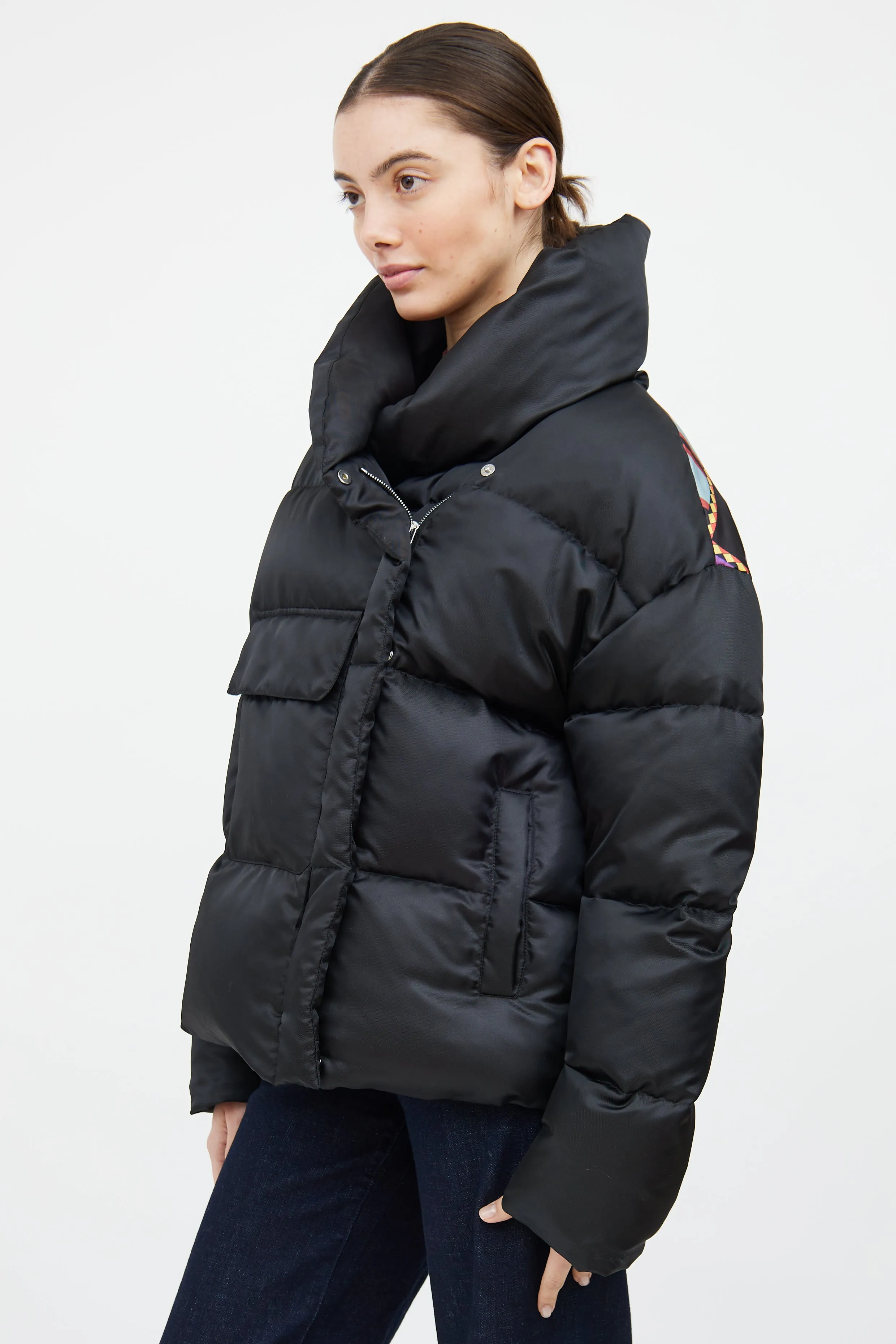 Black & Multi Down Graphic Puffer Jacket