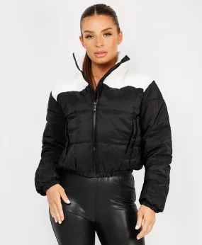 Black Colour Block Padded Zipped Puffer Bomber Jacket