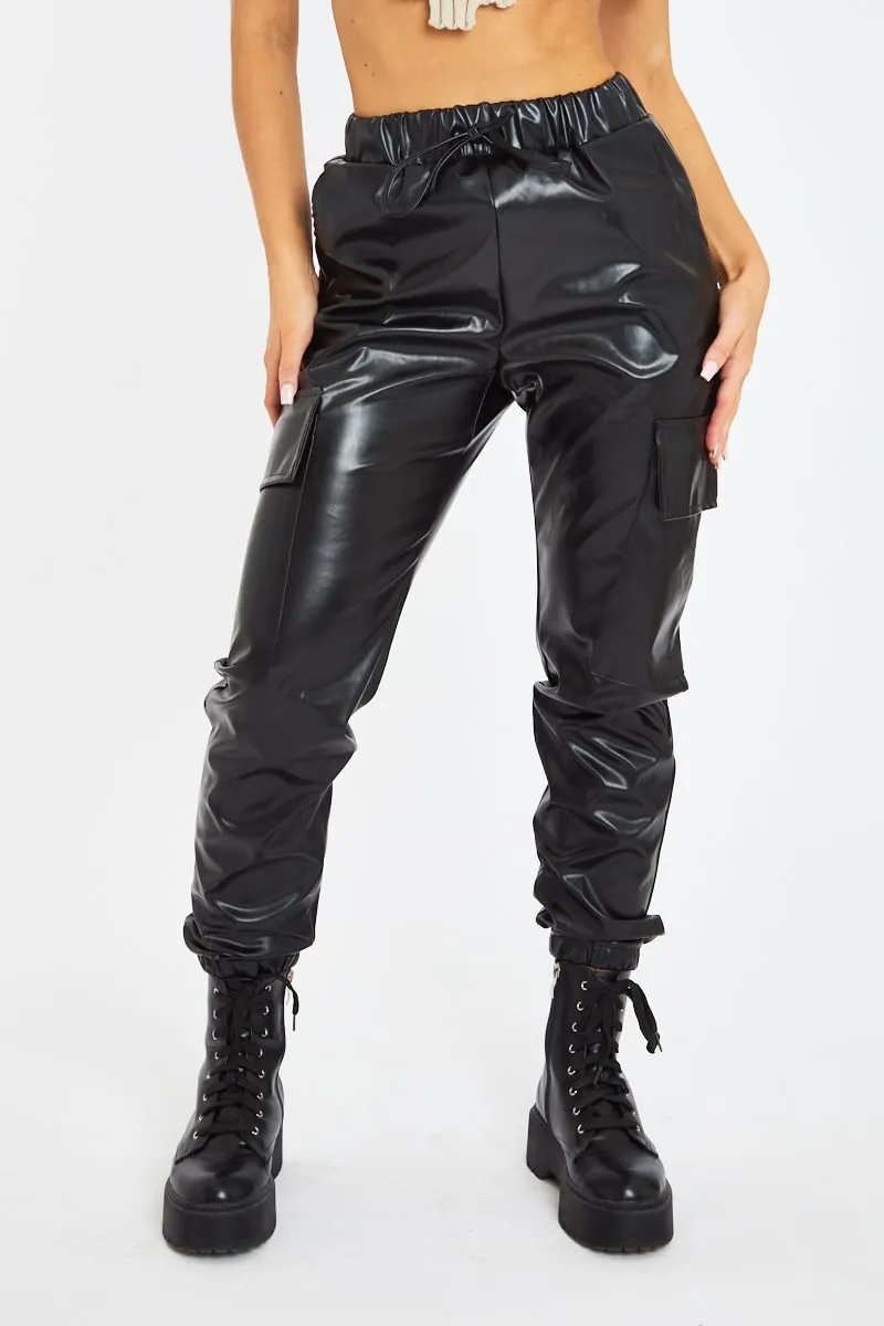 Black Faux Leather Cuffed Cargo Trousers - Beverly