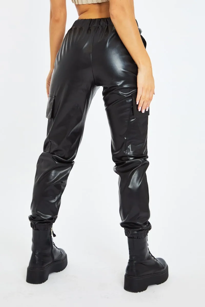 Black Faux Leather Cuffed Cargo Trousers - Beverly