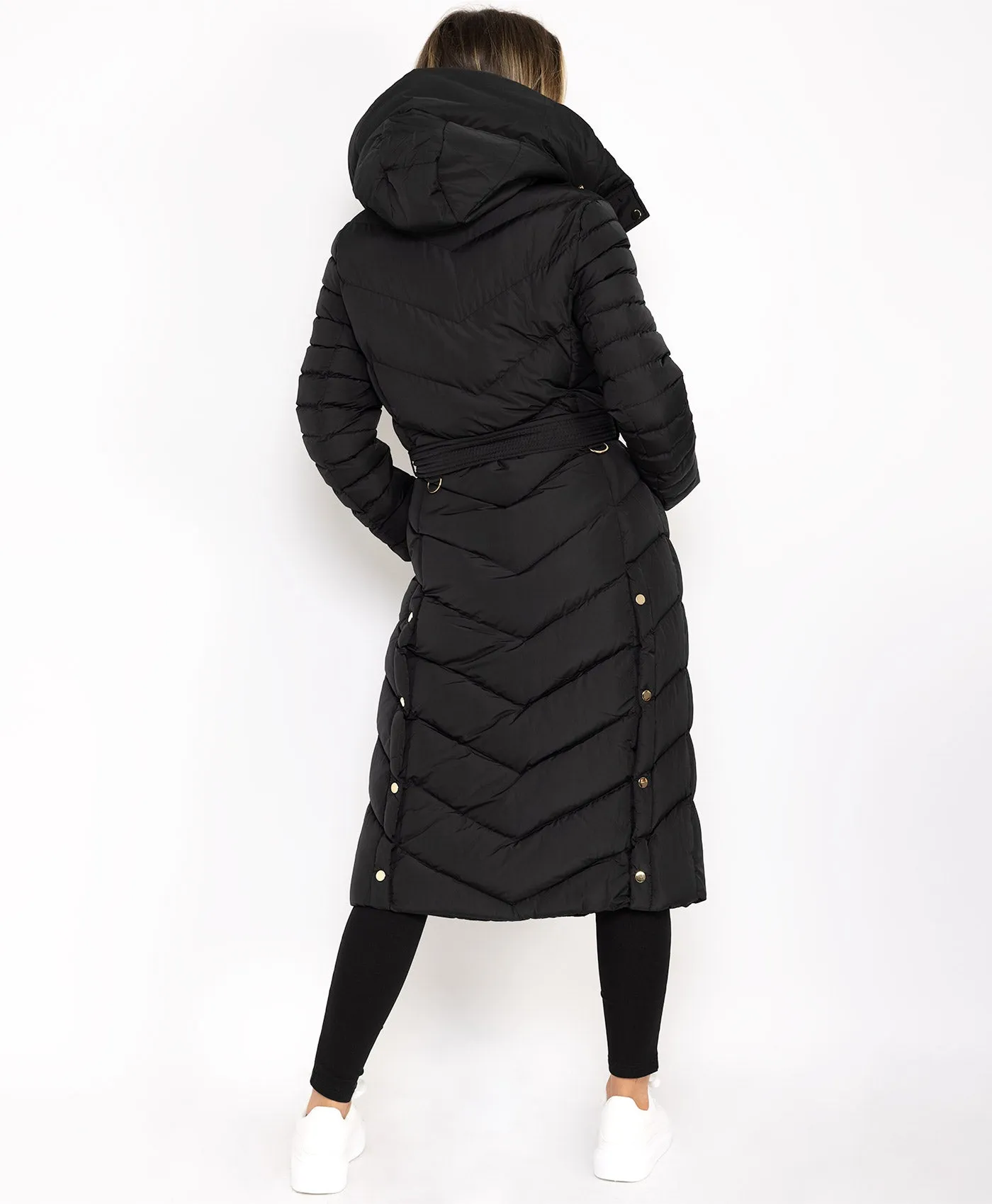 Black Longline Padded Full Length Belted Puffer Coat Jacket