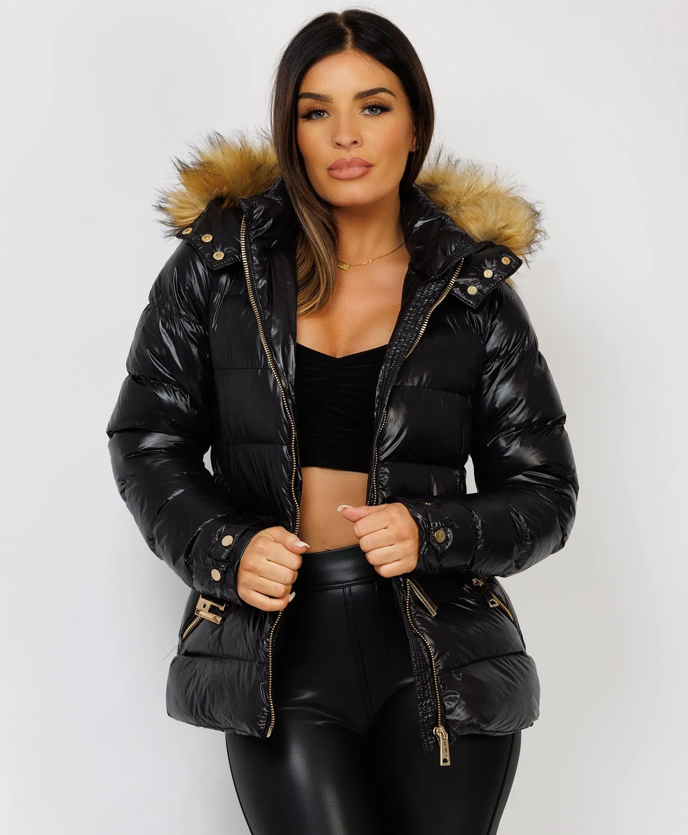 Black Shiny Puffer Waist Belted Faux Fur Hood Jacket