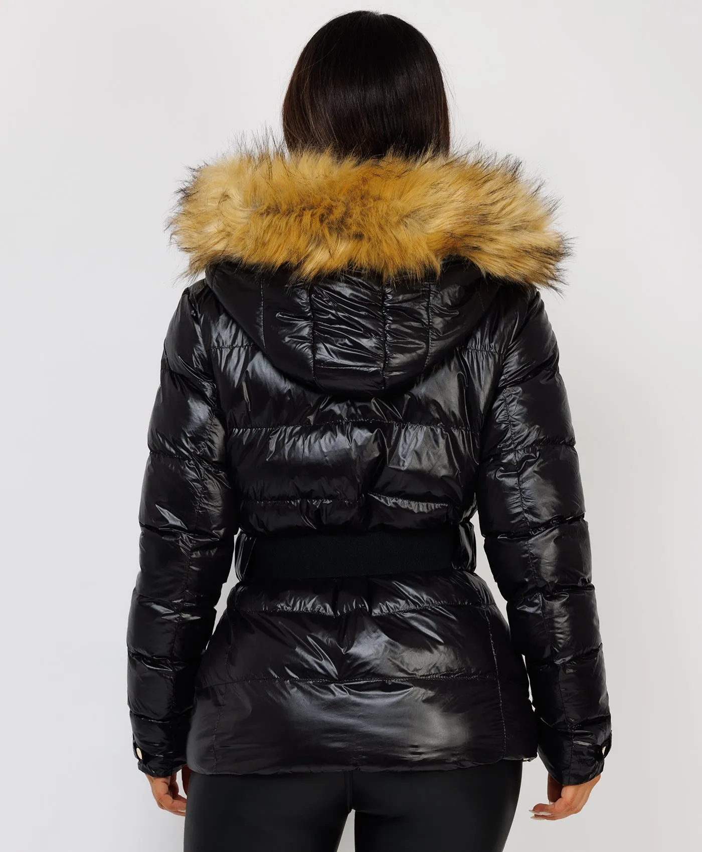 Black Shiny Puffer Waist Belted Faux Fur Hood Jacket