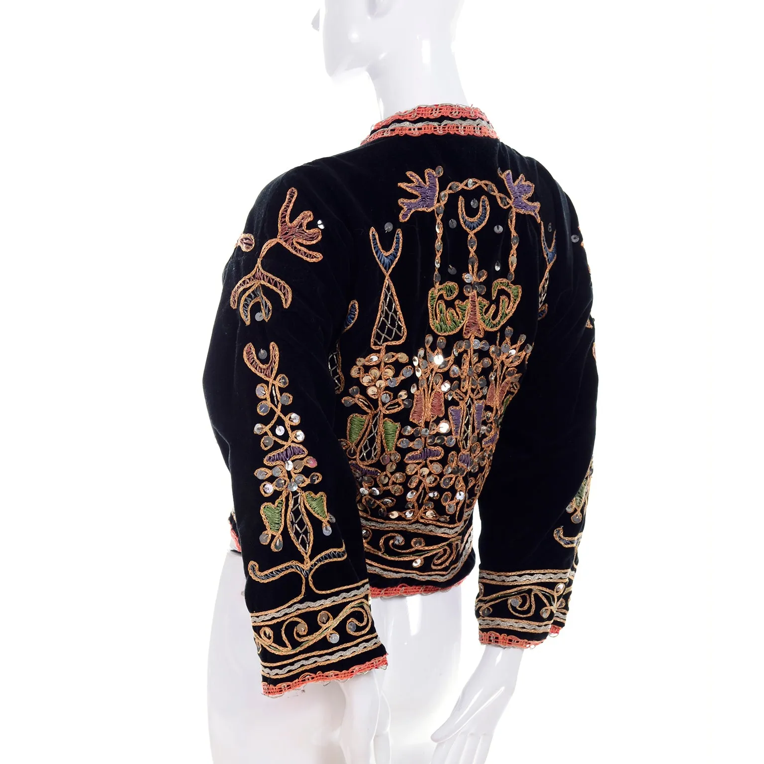 Black Velvet Open Front Vintage Jacket w/ Metallic Embroidery & Paillettes