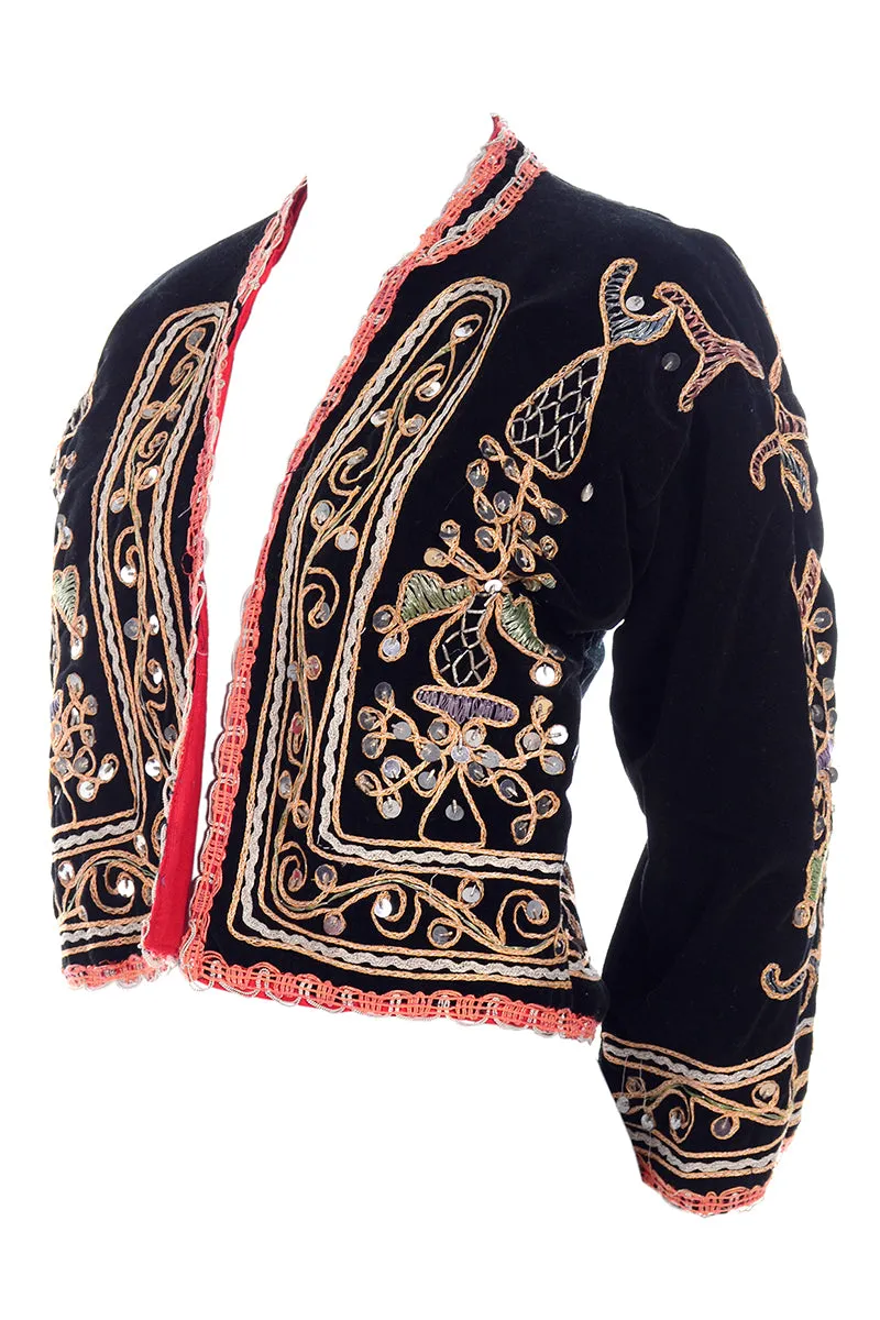 Black Velvet Open Front Vintage Jacket w/ Metallic Embroidery & Paillettes